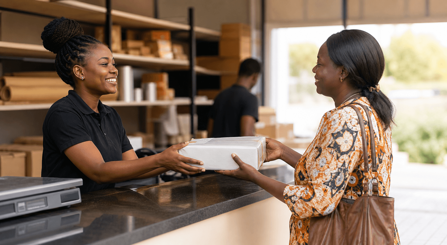 Remise d’un colis à une cliente dans une agence WARA